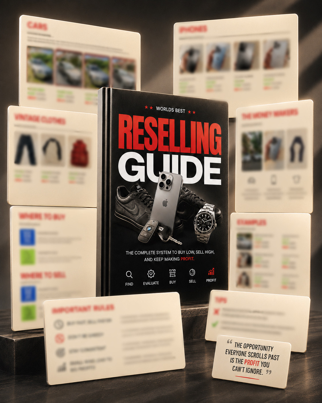 Reselling Guide book cover surrounded by cream information cards covering cars, iPhones, vintage clothing, where to buy and sell, and profit examples.