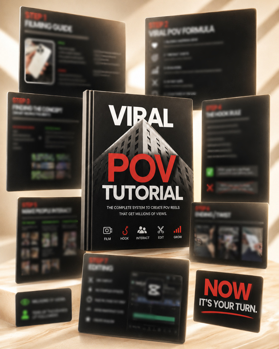 Viral POV Tutorial book cover surrounded by black step panels covering the filming guide, viral POV formula, hook rule, retention, editing and growth.